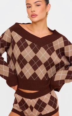 Discount PrettyLittleThing Argyle Jacquard Knit Slouchy V Neck Sweater Chocolate