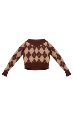 Discount PrettyLittleThing Argyle Jacquard Knit Slouchy V Neck Sweater Chocolate