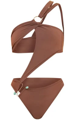 Chocolate Asymmetric Cut Out Silver Trim Swimsuit