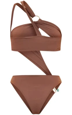 Chocolate Asymmetric Cut Out Silver Trim Swimsuit