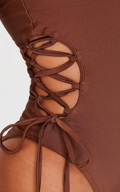 Chocolate Bandeau Lace Up Side Swimsuit