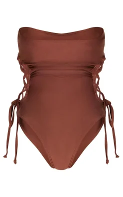 Chocolate Bandeau Lace Up Side Swimsuit