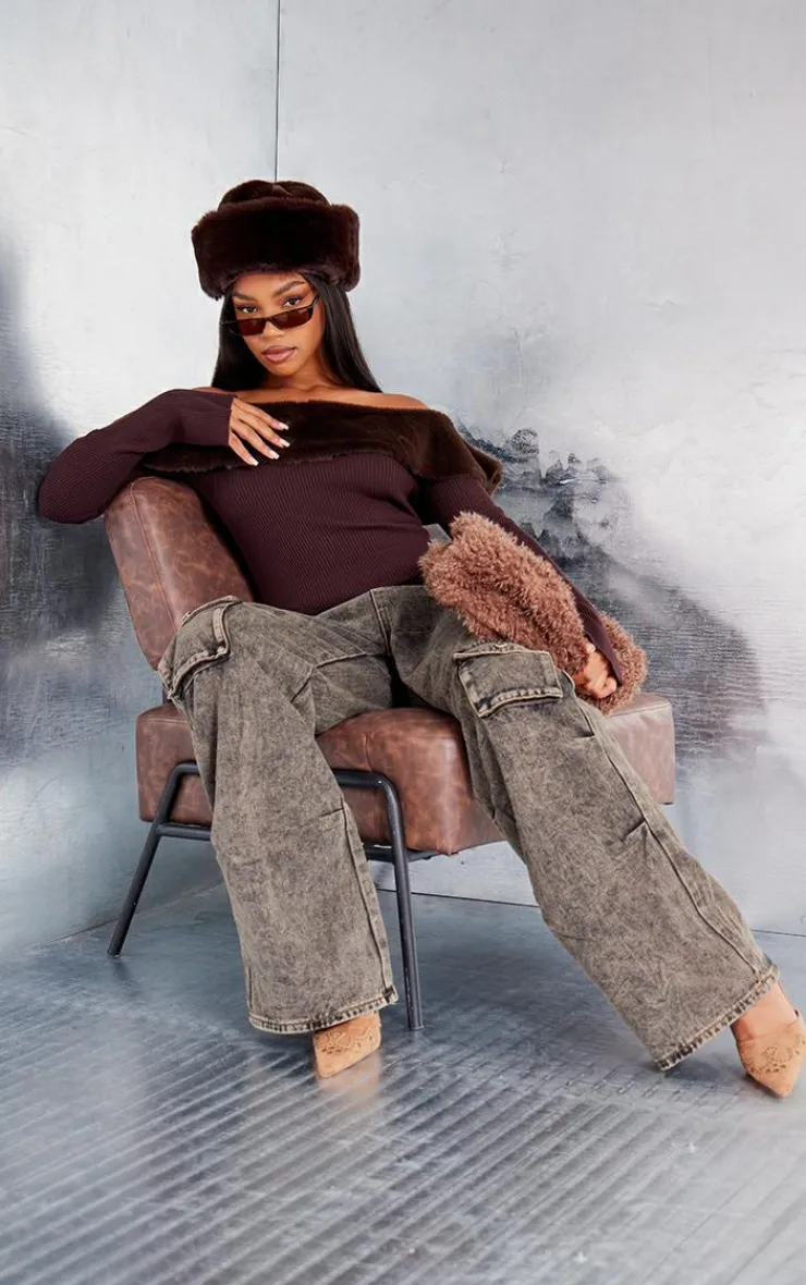 PrettyLittleThing Knitted Tops*Bardot Faux Fur Knitted Top