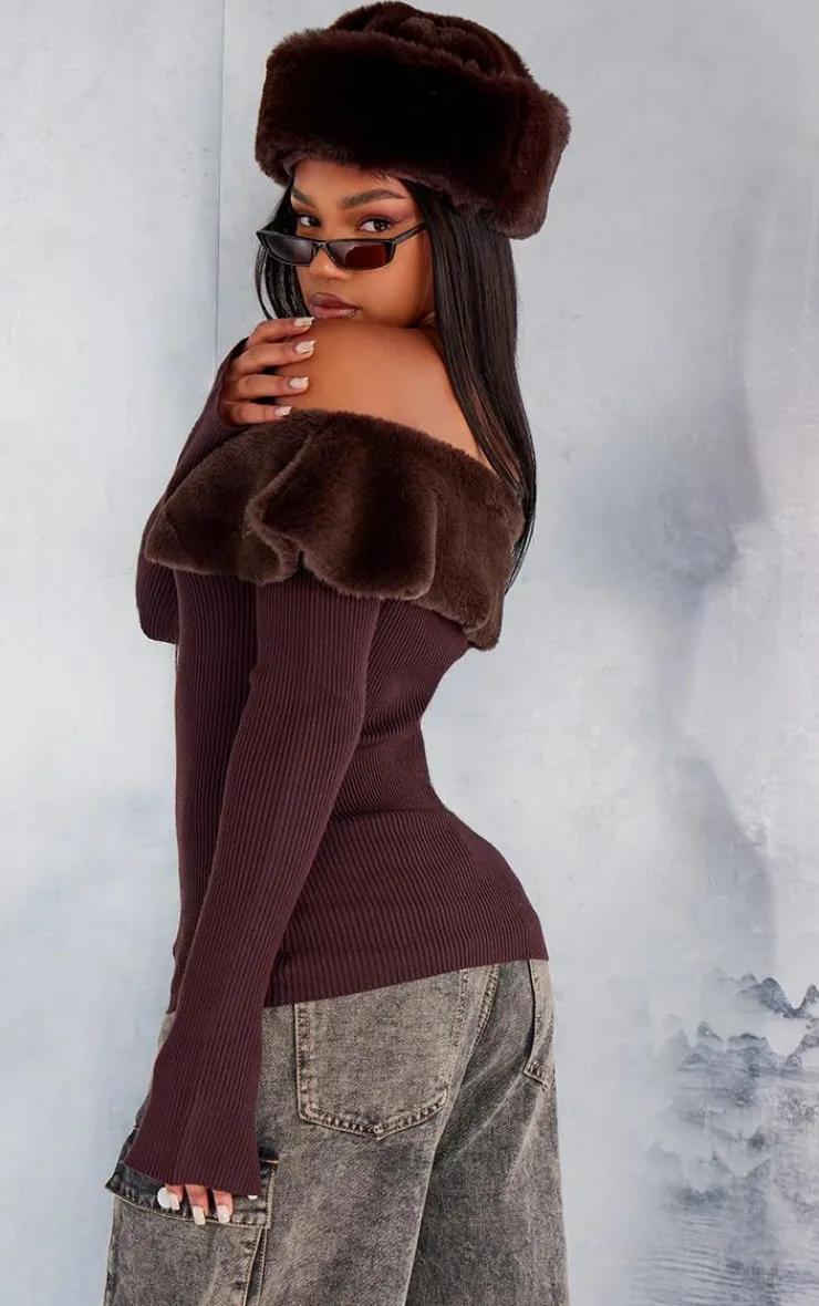 PrettyLittleThing Knitted Tops*Bardot Faux Fur Knitted Top