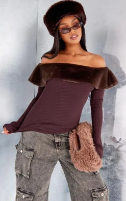 PrettyLittleThing Knitted Tops*Bardot Faux Fur Knitted Top