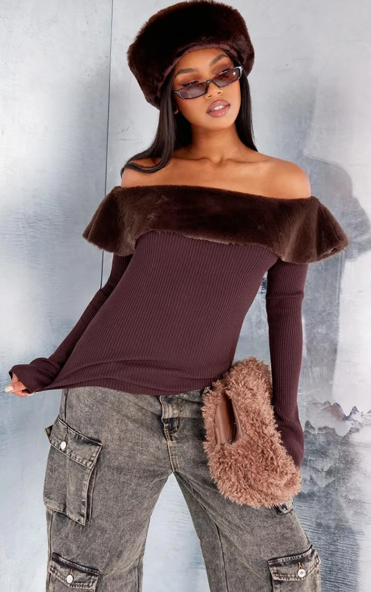 PrettyLittleThing Knitted Tops*Bardot Faux Fur Knitted Top