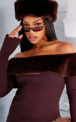 PrettyLittleThing Knitted Tops*Bardot Faux Fur Knitted Top