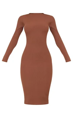 Basic Ribbed Long Sleeve Midi Dress-PrettyLittleThing Discount