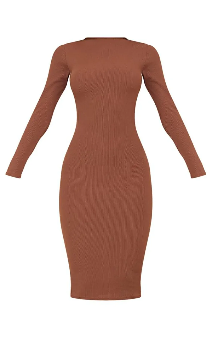 Basic Ribbed Long Sleeve Midi Dress-PrettyLittleThing Discount
