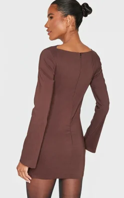Chocolate Bengaline Long Sleeve Ruched Bodycon Dress-PrettyLittleThing Clearance