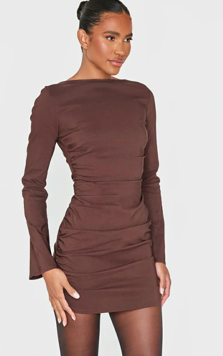Chocolate Bengaline Long Sleeve Ruched Bodycon Dress-PrettyLittleThing Clearance