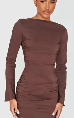 Chocolate Bengaline Long Sleeve Ruched Bodycon Dress-PrettyLittleThing Clearance