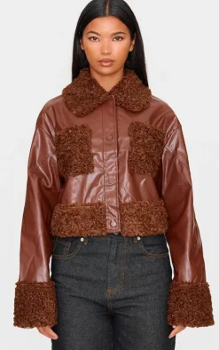 PrettyLittleThing Faux Leather Jackets*Borg Pocket Front Faux Leather Cropped Coat