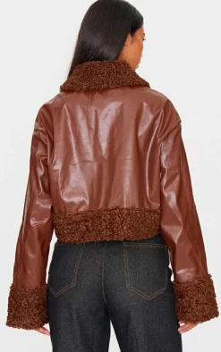 PrettyLittleThing Faux Leather Jackets*Borg Pocket Front Faux Leather Cropped Coat