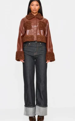 PrettyLittleThing Faux Leather Jackets*Borg Pocket Front Faux Leather Cropped Coat