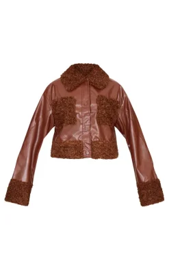 PrettyLittleThing Faux Leather Jackets*Borg Pocket Front Faux Leather Cropped Coat