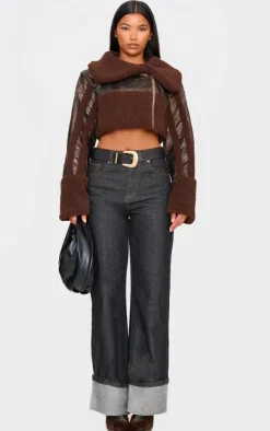 PrettyLittleThing Aviator Jackets*Borg Trim Textured Look Faux Leather Aviator Jacket