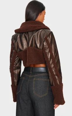 PrettyLittleThing Aviator Jackets*Borg Trim Textured Look Faux Leather Aviator Jacket