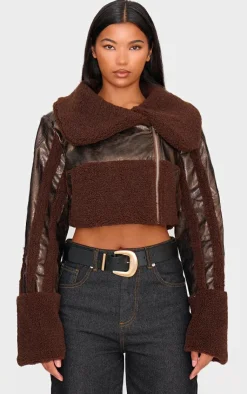 PrettyLittleThing Aviator Jackets*Borg Trim Textured Look Faux Leather Aviator Jacket