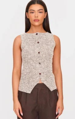 PrettyLittleThing Blouses*Chocolate Boucle Button Down Vest