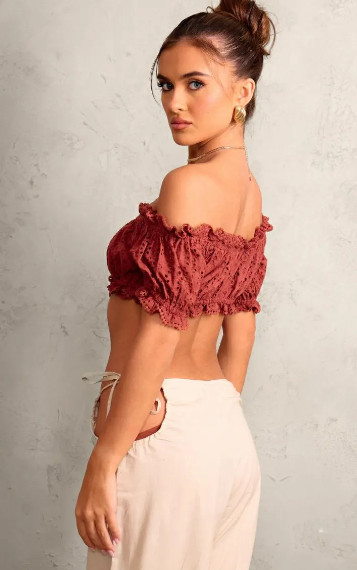 Chocolate Broderie Anglaise Bardot Puff Sleeve Crop Top