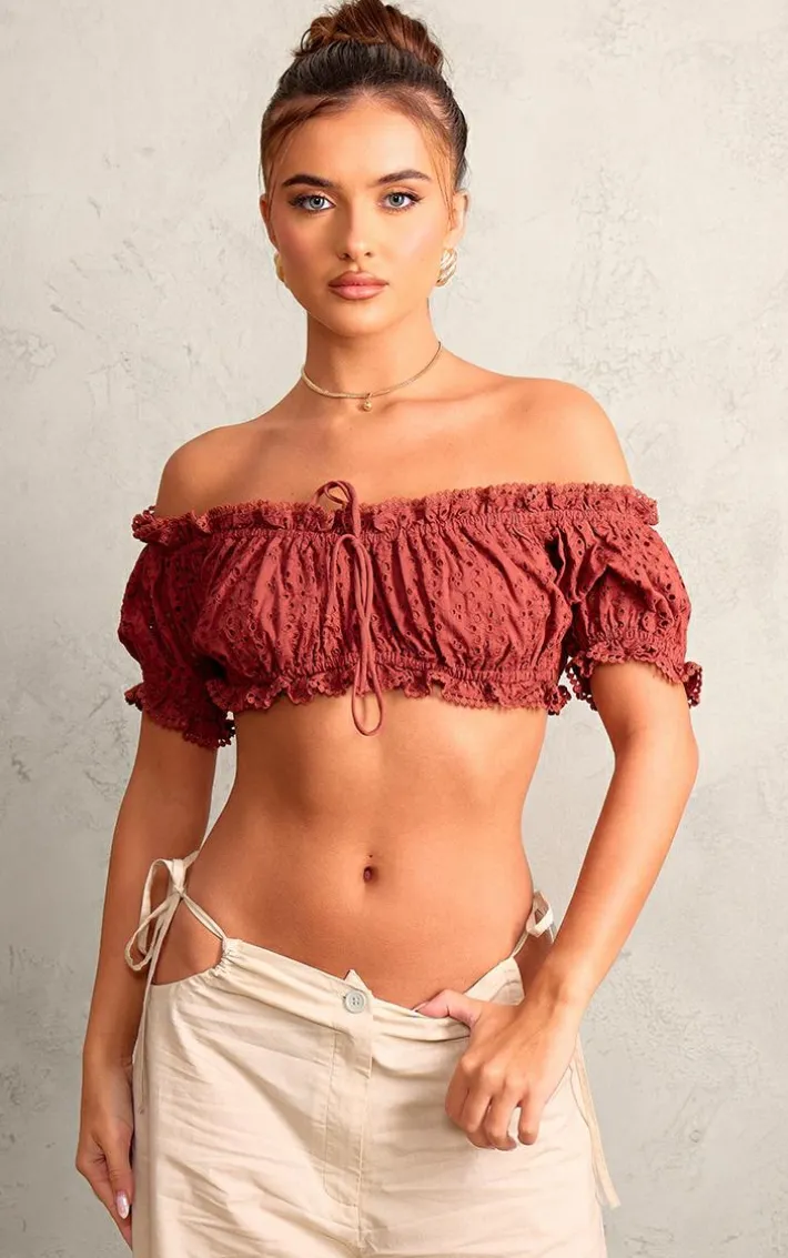 Chocolate Broderie Anglaise Bardot Puff Sleeve Crop Top