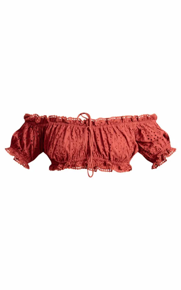 Chocolate Broderie Anglaise Bardot Puff Sleeve Crop Top