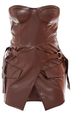 Chocolate Brown Faux Leather Buckle Wrap Over Bandeau Dress-PrettyLittleThing Hot