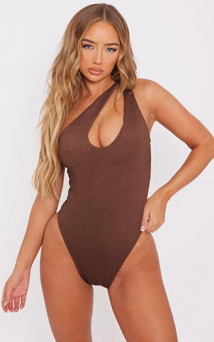 Chocolate Brown Crinkle One Shoulder Cut Out Swimsuit