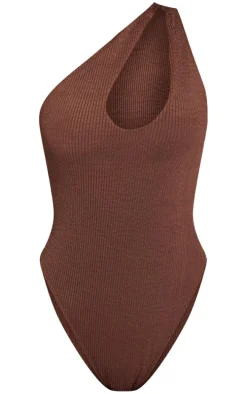 Chocolate Brown Crinkle One Shoulder Cut Out Swimsuit