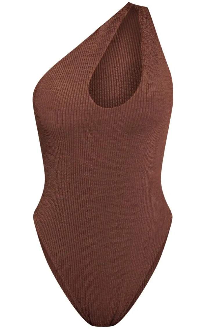 Chocolate Brown Crinkle One Shoulder Cut Out Swimsuit