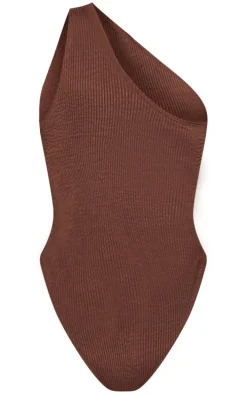 Chocolate Brown Crinkle One Shoulder Cut Out Swimsuit
