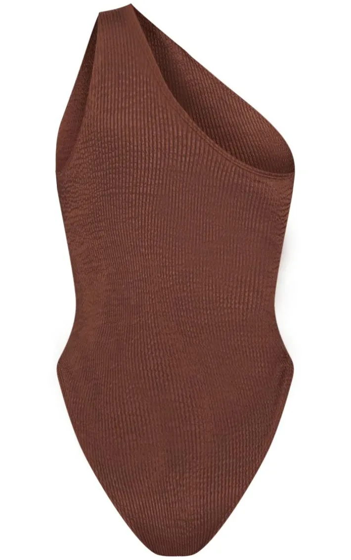 Chocolate Brown Crinkle One Shoulder Cut Out Swimsuit