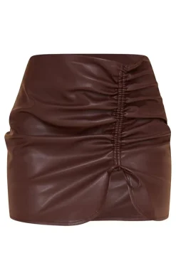 New PrettyLittleThing Faux Leather Ruched Front Mini Skirt Chocolate Brown