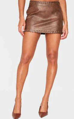 Chocolate Brown Faux Leather Plaited Mini Skirt