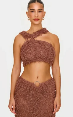Hot PrettyLittleThing Brown Fluffy Textured Halterneck Trim Detail Crop Top Chocolate