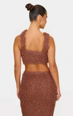 Hot PrettyLittleThing Brown Fluffy Textured Halterneck Trim Detail Crop Top Chocolate