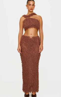 Hot PrettyLittleThing Brown Fluffy Textured Halterneck Trim Detail Crop Top Chocolate