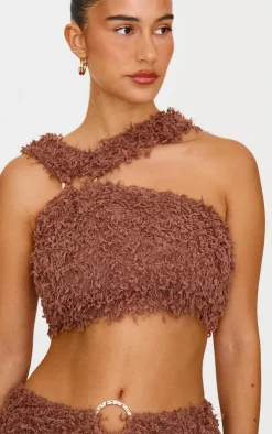 Hot PrettyLittleThing Brown Fluffy Textured Halterneck Trim Detail Crop Top Chocolate