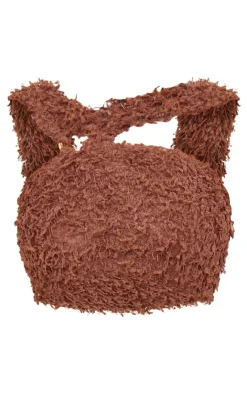 Hot PrettyLittleThing Brown Fluffy Textured Halterneck Trim Detail Crop Top Chocolate