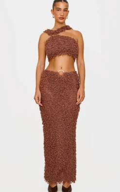 Hot PrettyLittleThing Brown Fluffy Textured Trim Detail Low Rise Maxi Skirt Chocolate