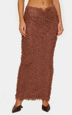 Hot PrettyLittleThing Brown Fluffy Textured Trim Detail Low Rise Maxi Skirt Chocolate