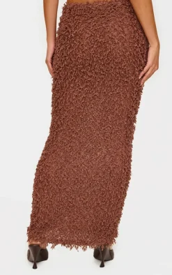Hot PrettyLittleThing Brown Fluffy Textured Trim Detail Low Rise Maxi Skirt Chocolate