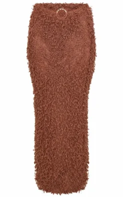 Hot PrettyLittleThing Brown Fluffy Textured Trim Detail Low Rise Maxi Skirt Chocolate