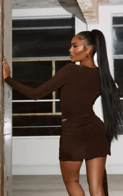 Discount PrettyLittleThing Gold Ring Trim Detail Drape Mini Skirt Chocolate Brown