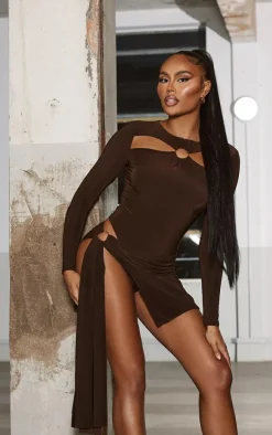 Discount PrettyLittleThing Gold Ring Trim Detail Drape Mini Skirt Chocolate Brown
