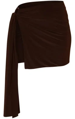 Discount PrettyLittleThing Gold Ring Trim Detail Drape Mini Skirt Chocolate Brown