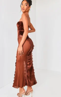 Lace Panel Velvet Bandeau Maxi Dress-PrettyLittleThing New