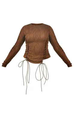 New PrettyLittleThing Lace Up Detail Long Sleeve Top Chocolate Brown