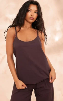 PrettyLittleThing Linen Look Longline Cami Top Chocolate Brown